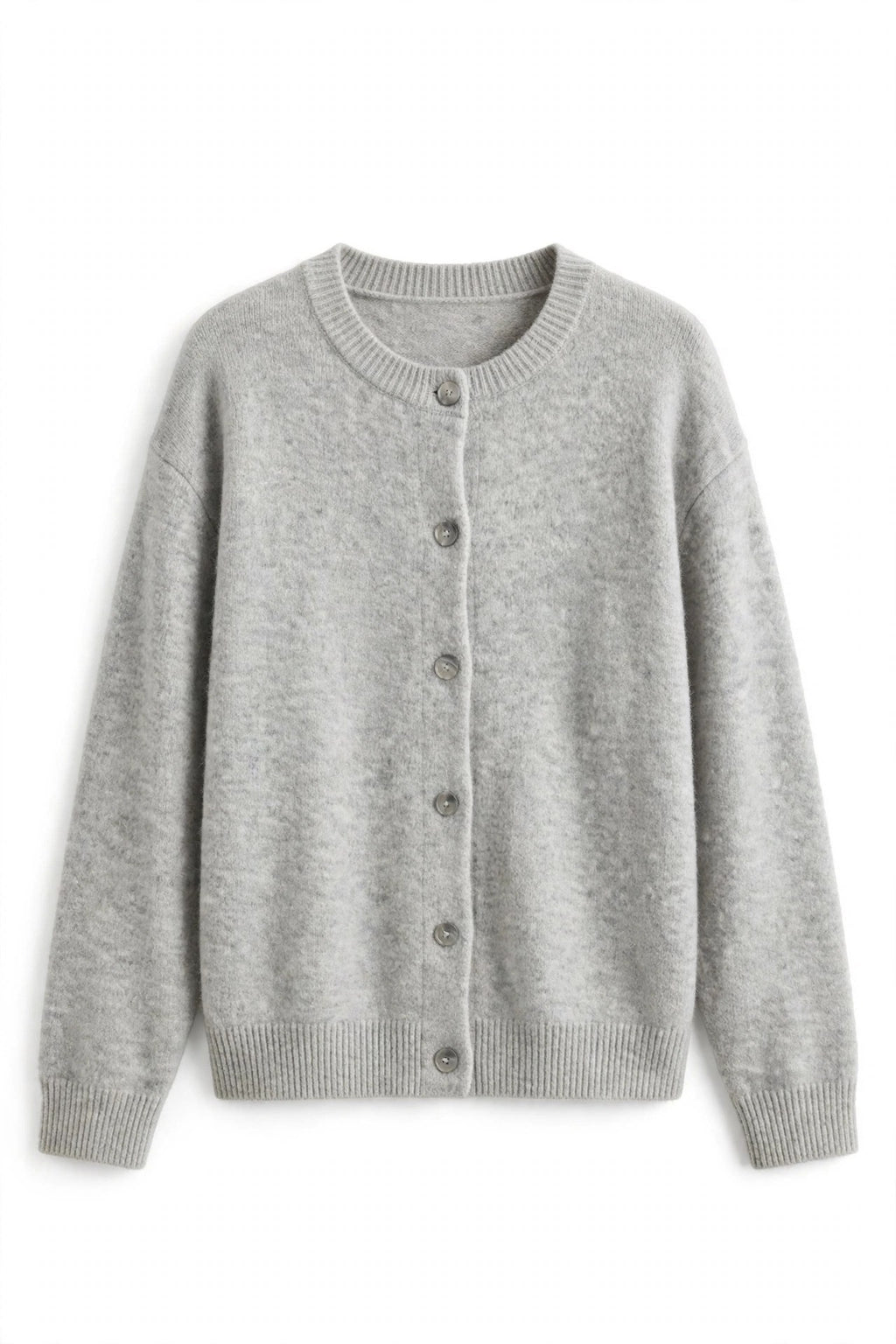 A light gray heathered knit cardigan sweater with a round neckline, long sleeves, ribbed cuffs and hem, and a front button closure, shown against a plain white background.