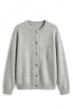 A light gray heathered knit cardigan sweater with a round neckline, long sleeves, ribbed cuffs and hem, and a front button closure, shown against a plain white background.