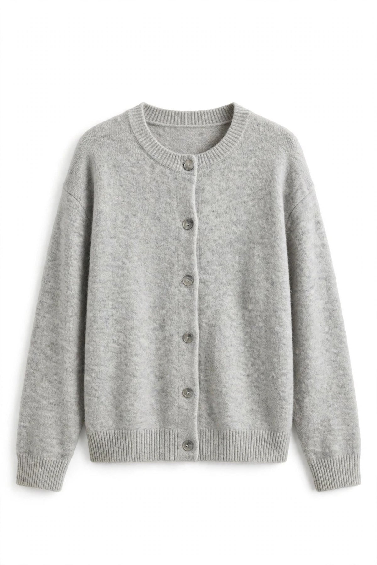 A light gray heathered knit cardigan sweater with a round neckline, long sleeves, ribbed cuffs and hem, and a front button closure, shown against a plain white background.