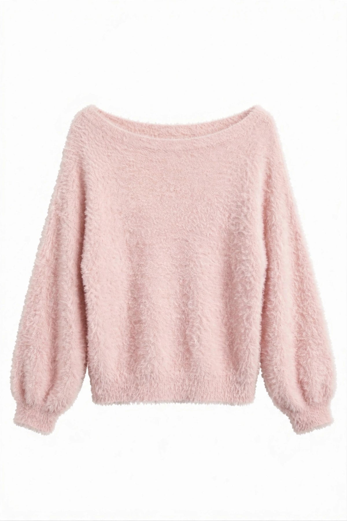 A light pink fuzzy long-sleeve sweater with a wide boat neckline and balloon sleeves, shown against a plain white background.