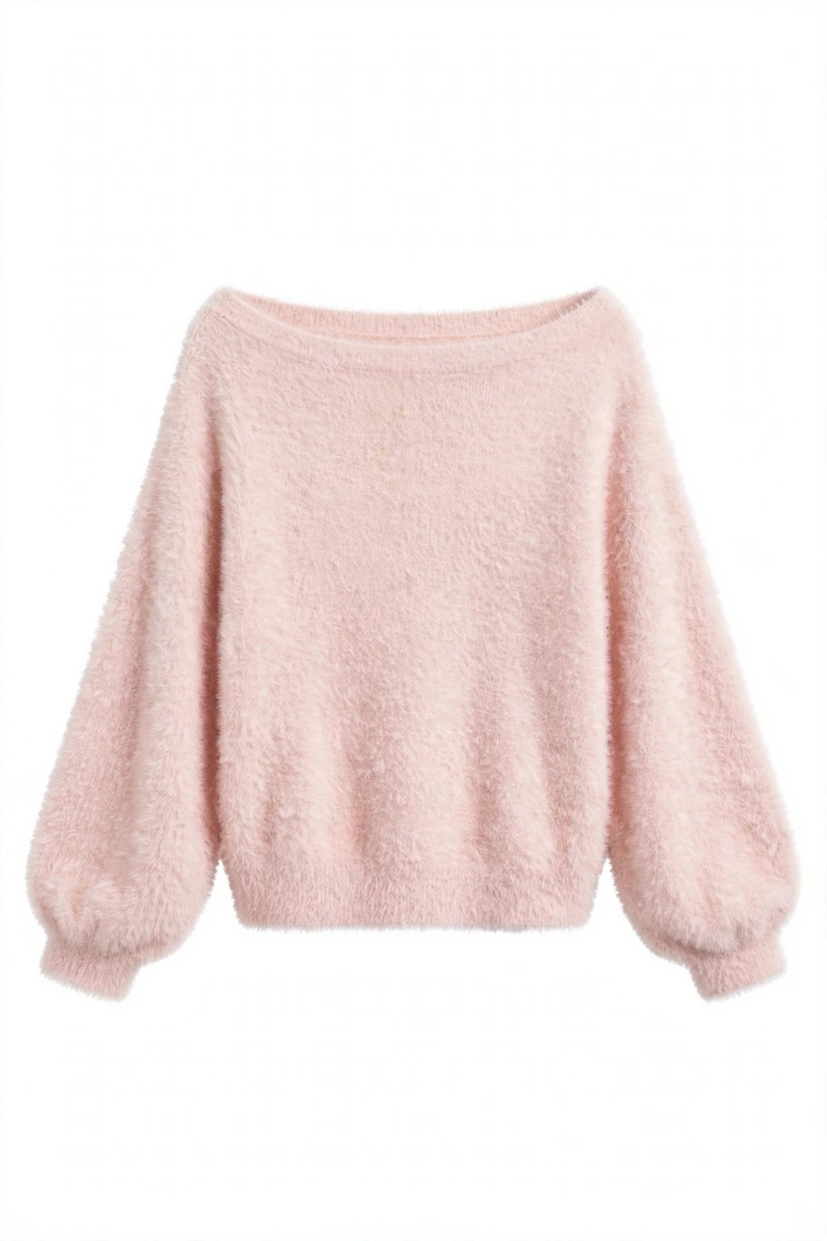 A light pink fuzzy long-sleeve sweater with a wide boat neckline and voluminous balloon sleeves, shown against a plain white background.