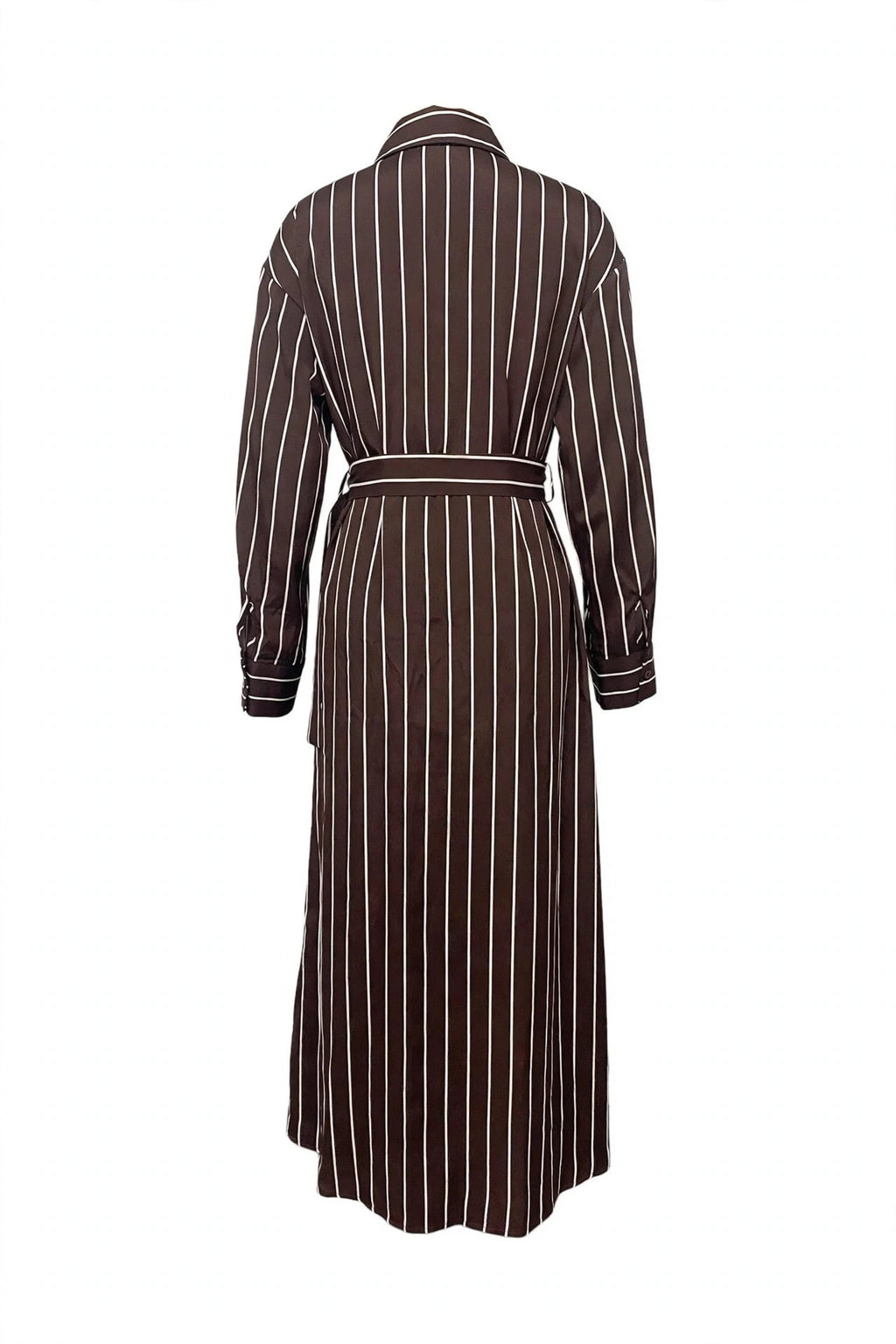 A long-sleeved brown shirt dress with vertical white pinstripes, featuring a matching waist belt, shown from the back against a plain white background.