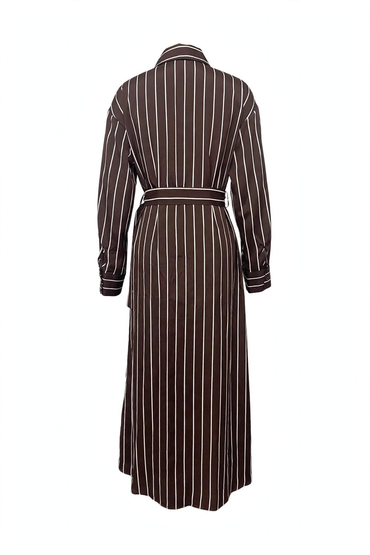 A long-sleeved brown shirt dress with vertical white pinstripes, featuring a matching waist belt, shown from the back against a plain white background.