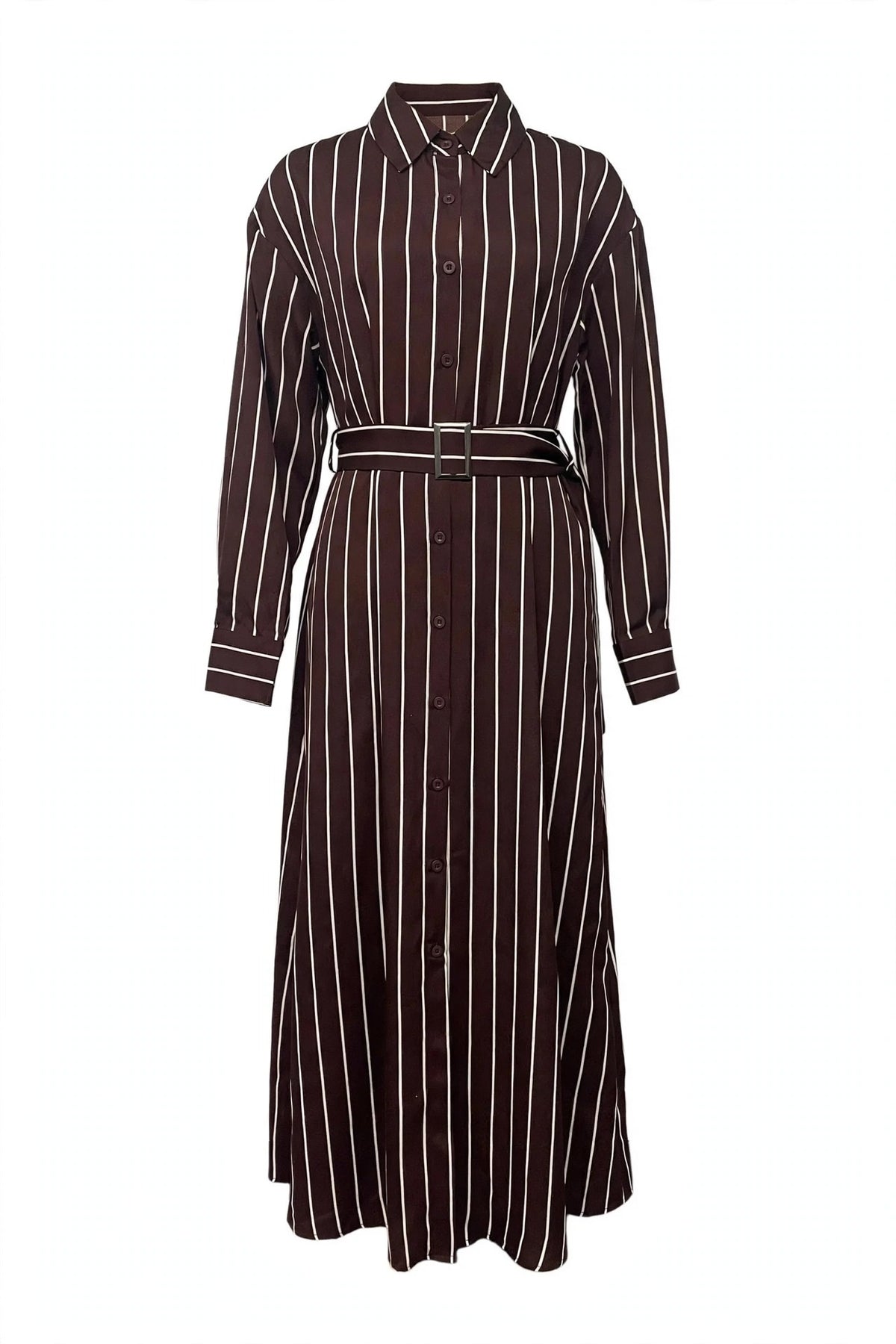 A long-sleeve button-front shirt dress with vertical white pinstripes on a dark brown base, featuring a matching self-tie belt with a silver buckle.
