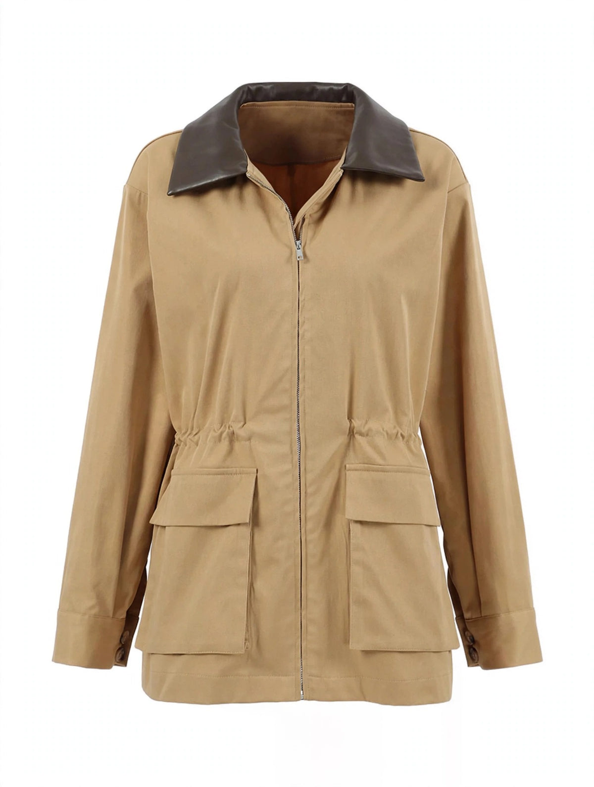 Oversized Contrast Collar Jacket with Drawstring Waist