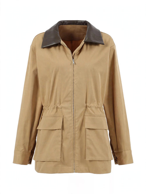 Oversized Contrast Collar Jacket with Drawstring Waist