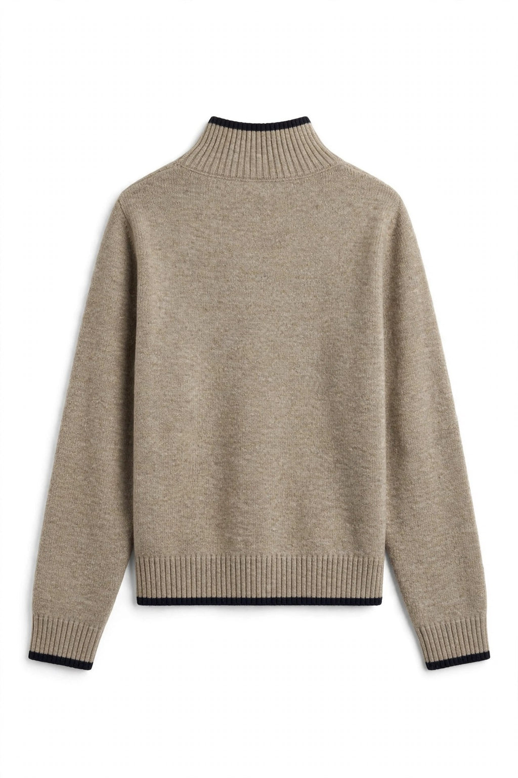 A light beige knit sweater with a mock neck, ribbed hem, and ribbed cuffs, featuring contrasting black trim at the collar, hem, and cuffs, shown against a plain white background.