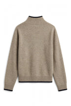 A light beige knit sweater with a mock neck, ribbed hem, and ribbed cuffs, featuring contrasting black trim at the collar, hem, and cuffs, shown against a plain white background.