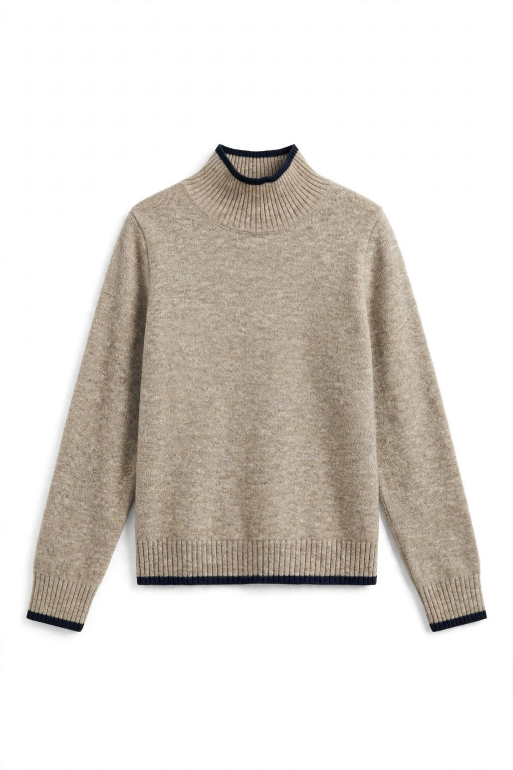 A beige knit mock neck sweater with dark navy blue ribbed trim at the collar, cuffs, and hem, displayed on a clean white background.