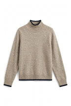 A beige knit mock neck sweater with dark navy blue ribbed trim at the collar, cuffs, and hem, displayed on a clean white background.