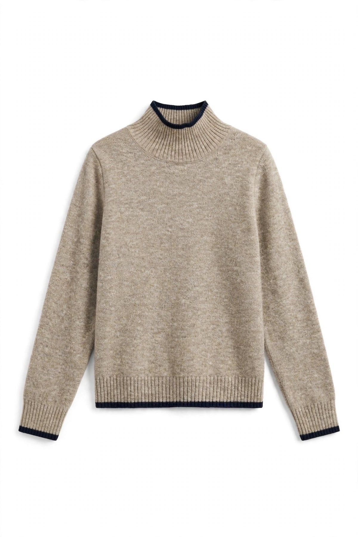 A beige knit mock neck sweater with dark navy blue ribbed trim at the collar, cuffs, and hem, displayed on a clean white background.