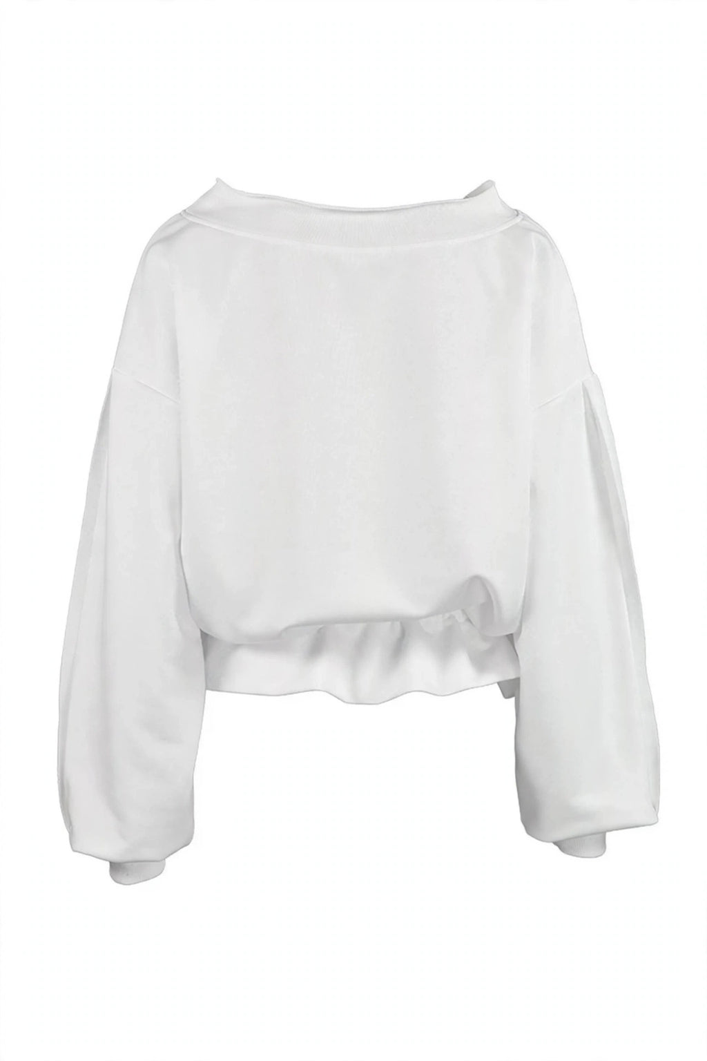 A white cropped sweatshirt with long balloon sleeves and a ruffled hem, shown from the back on a plain white background.