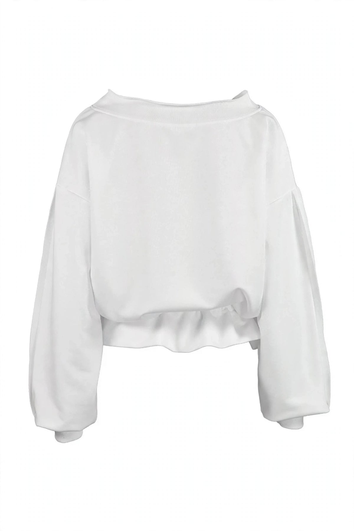 A white cropped sweatshirt with long balloon sleeves and a ruffled hem, shown from the back on a plain white background.