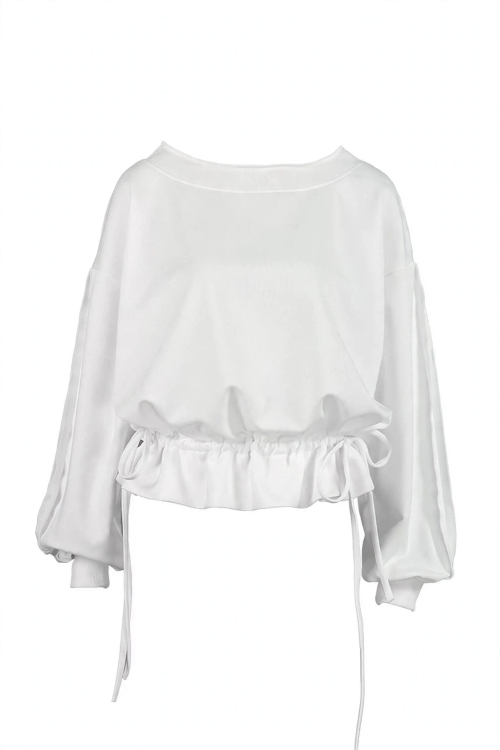 A white long-sleeve blouse with a wide neckline, gathered ruffle trim at the waist, and side ties, shown against a plain white background.
