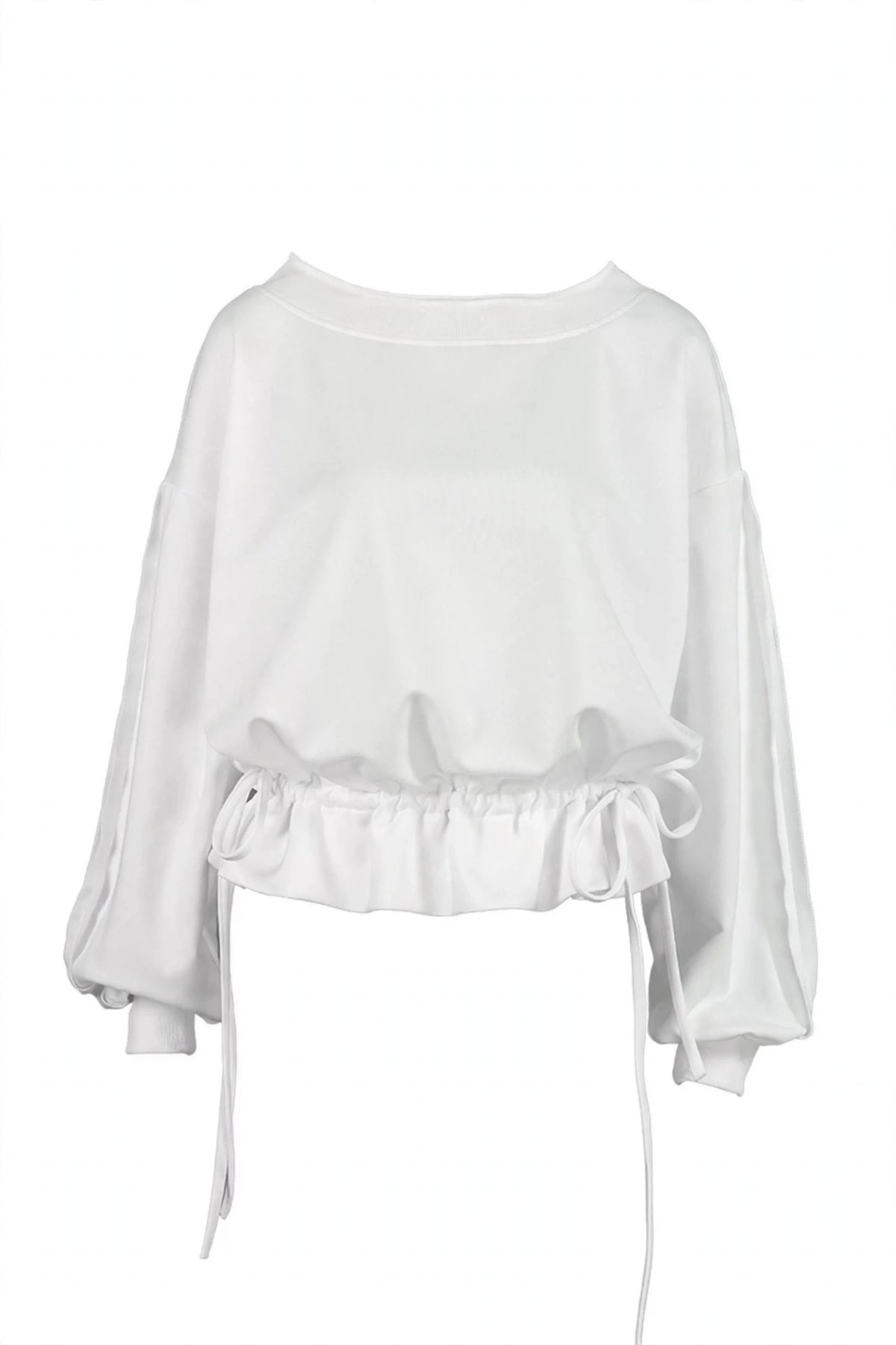A white long-sleeve blouse with a wide neckline, gathered ruffle trim at the waist, and side ties, shown against a plain white background.