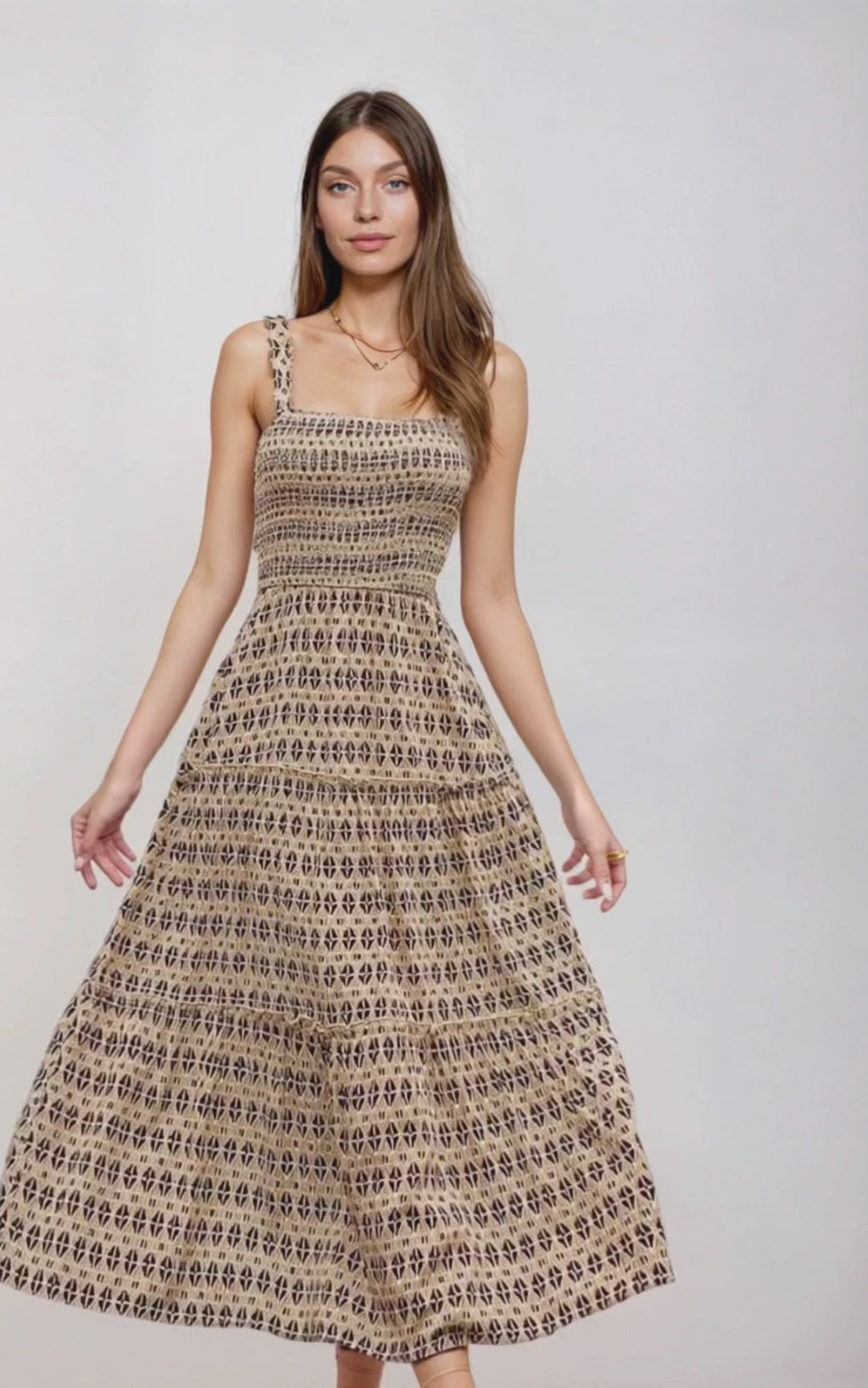 Printed Tiered Wide Strap Midi Dress
