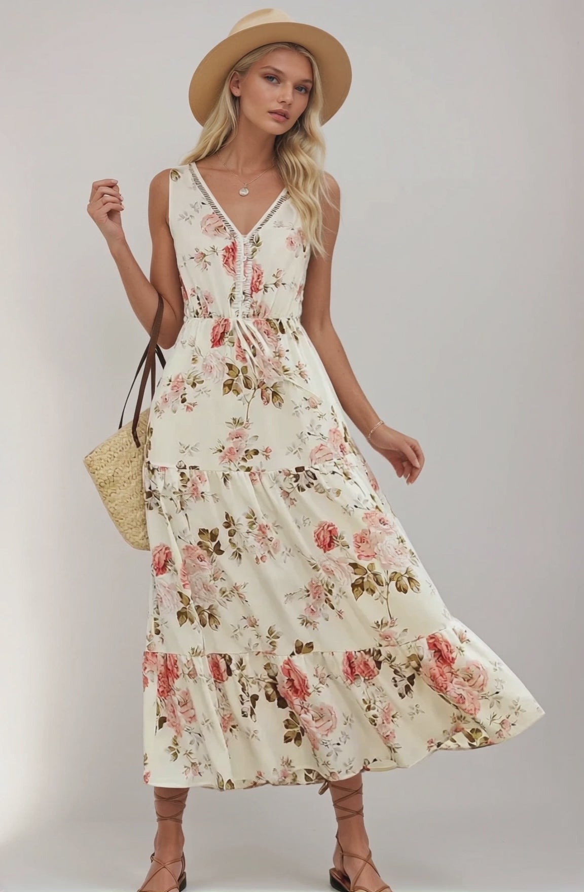 Printed Ruffled Hem V-Neck Sleeveless Dress
