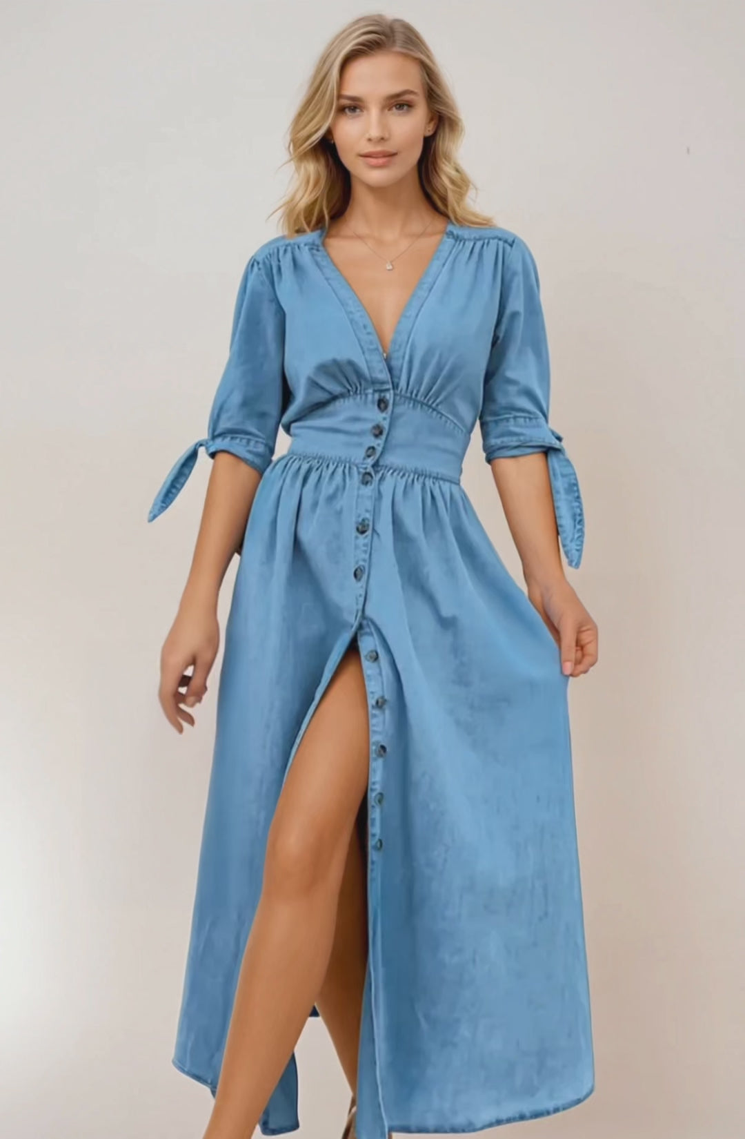 Plunge Button Up Half Sleeve Denim Dress