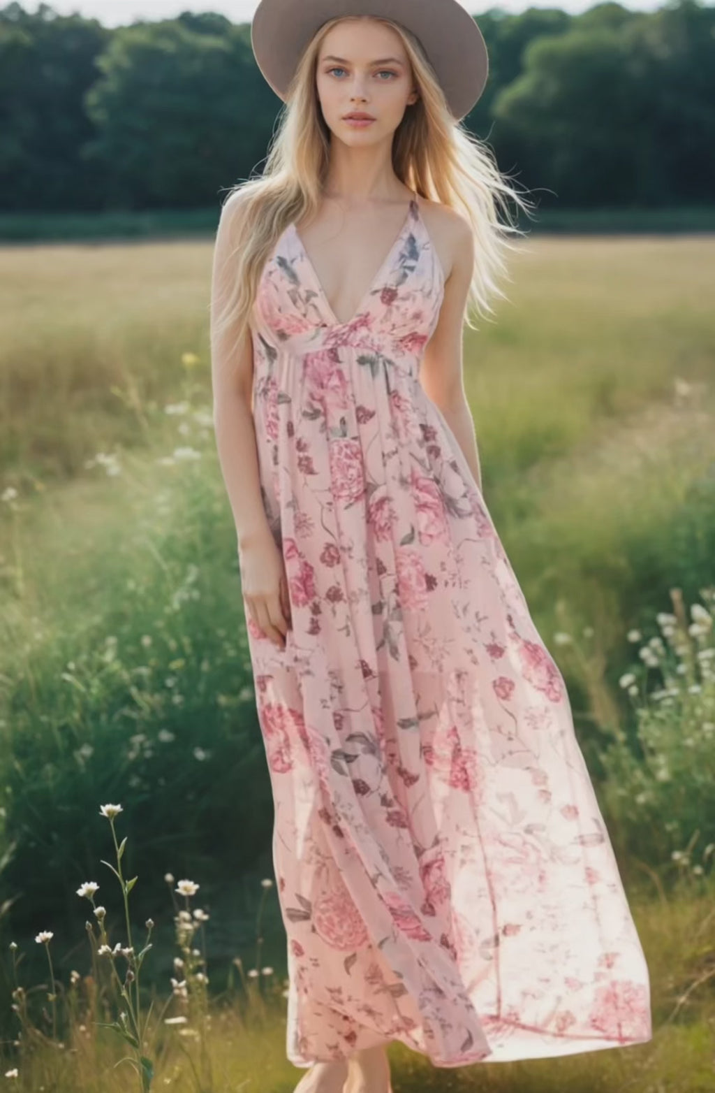 Floral Pleated Deep V Backless Maxi Dress
