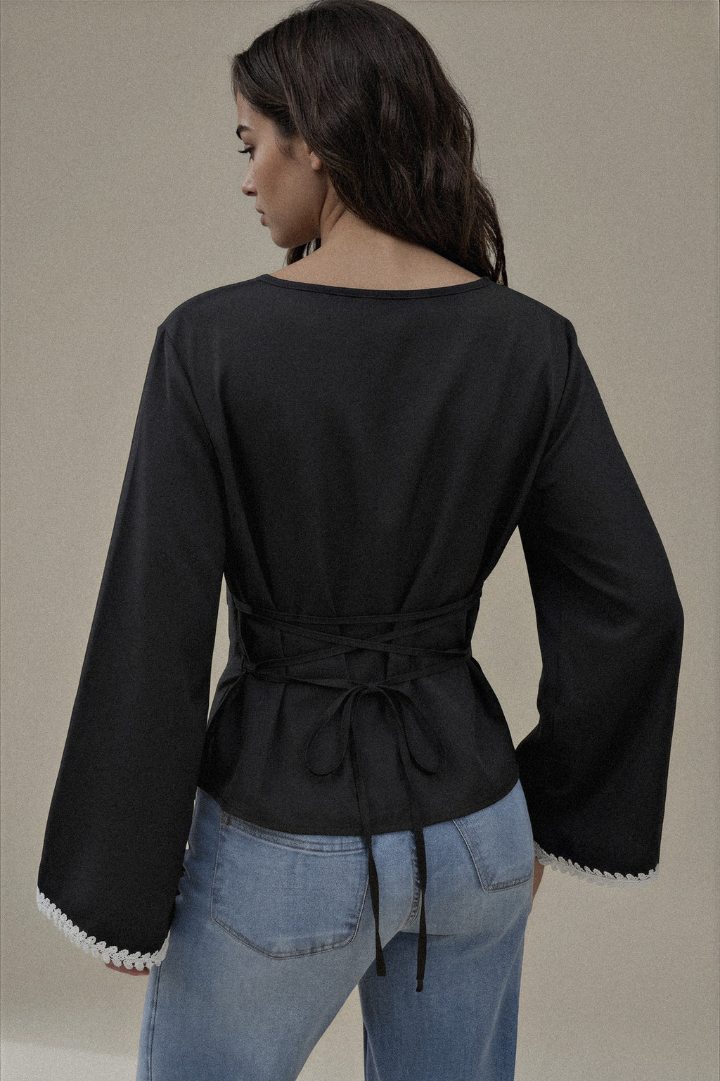 Contrast Trim Flare Sleeve Blouse
