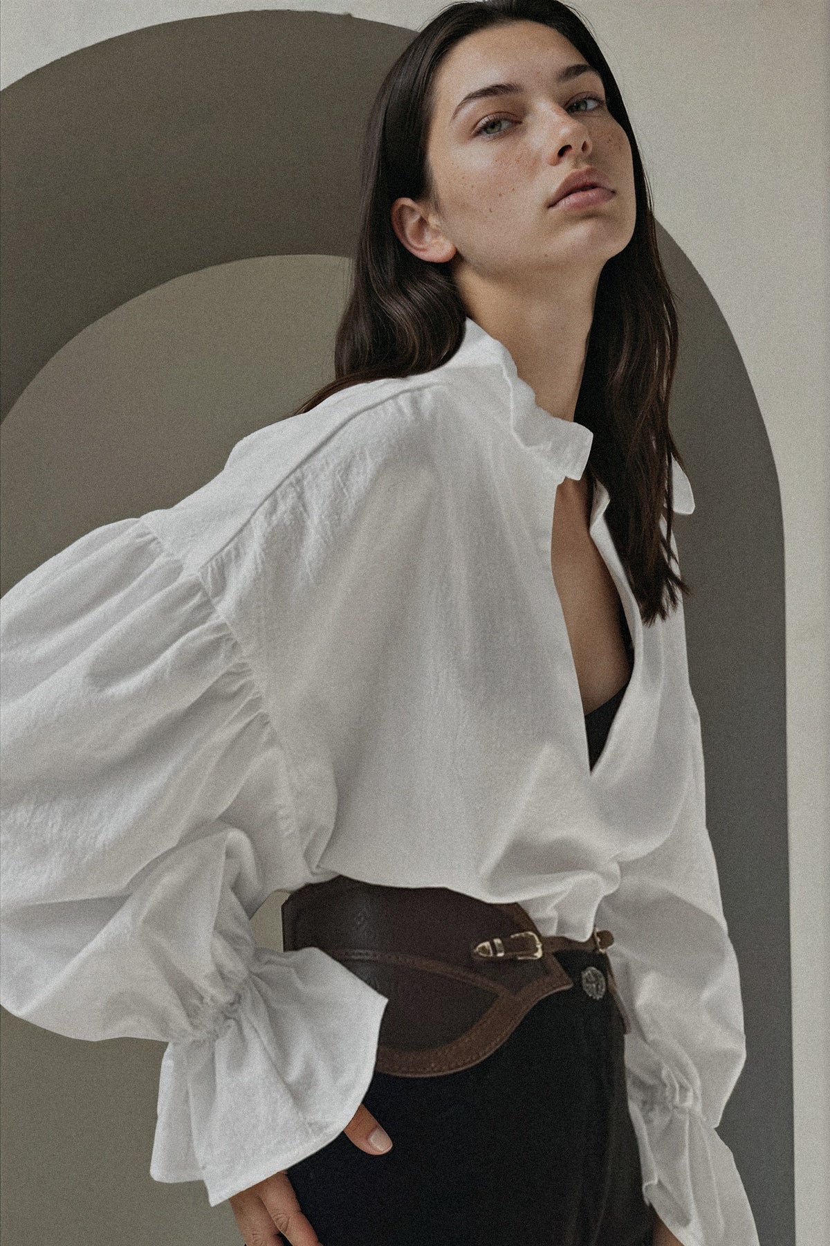 Notched Flounce Sleeve Blouse