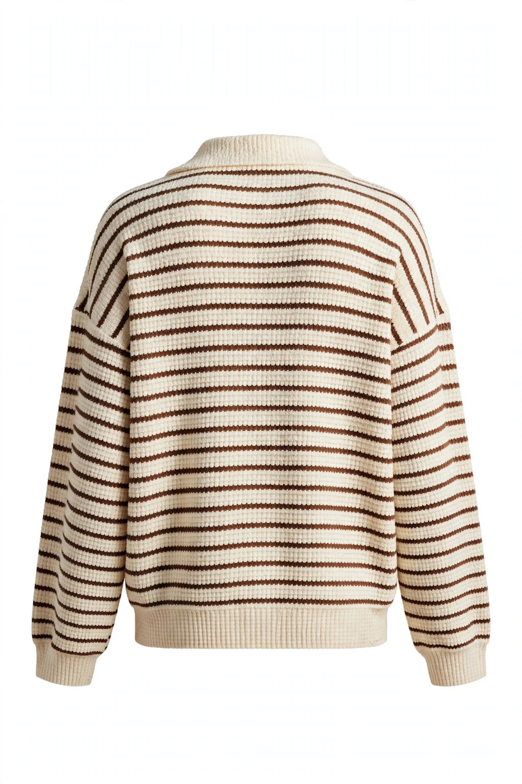 A cream and brown horizontally striped knit sweater shown from the back, featuring a mock neck, dropped shoulders, and ribbed cuffs and hem.