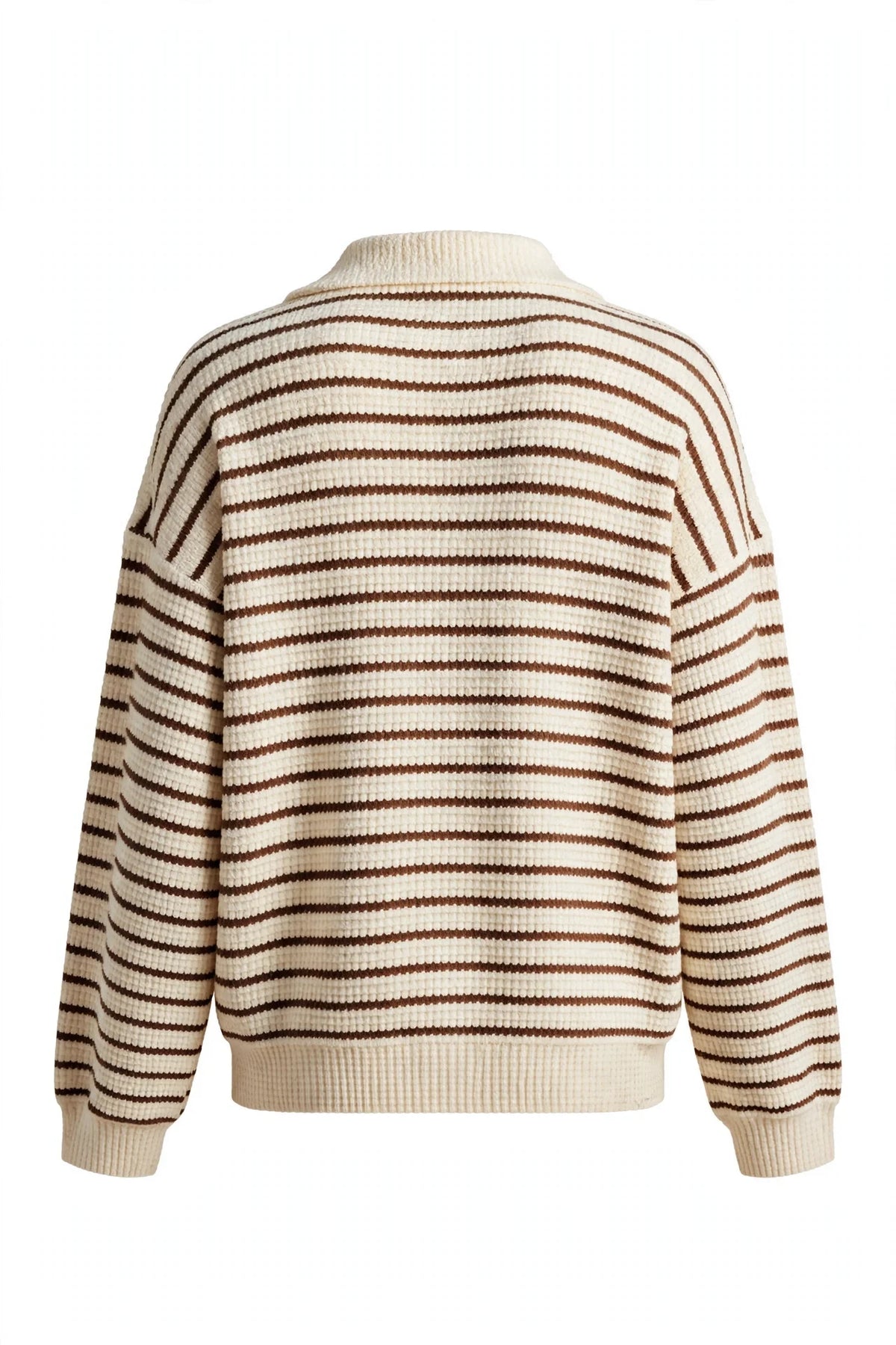 A cream and brown horizontally striped knit sweater shown from the back, featuring a mock neck, dropped shoulders, and ribbed cuffs and hem.