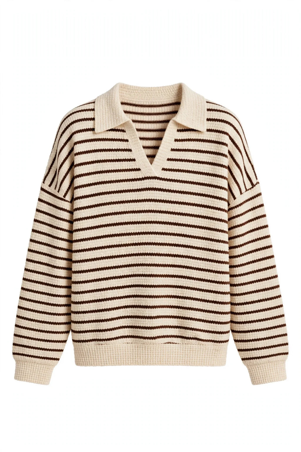 A beige and brown horizontally striped knit polo sweater with a ribbed collar, cuffs, and hem, displayed on a clean white background.