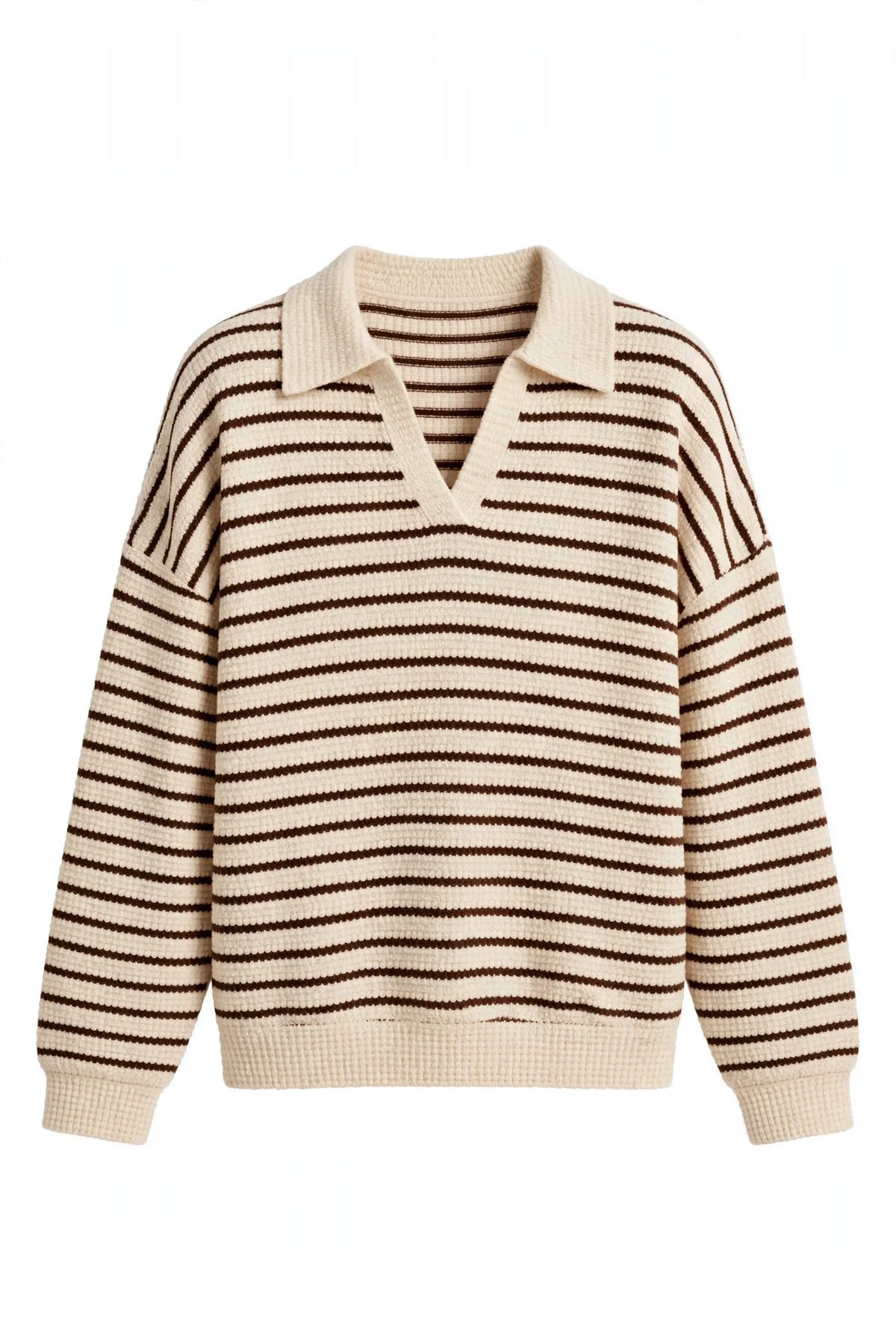A beige and brown horizontally striped knit polo sweater with a ribbed collar, cuffs, and hem, displayed on a clean white background.